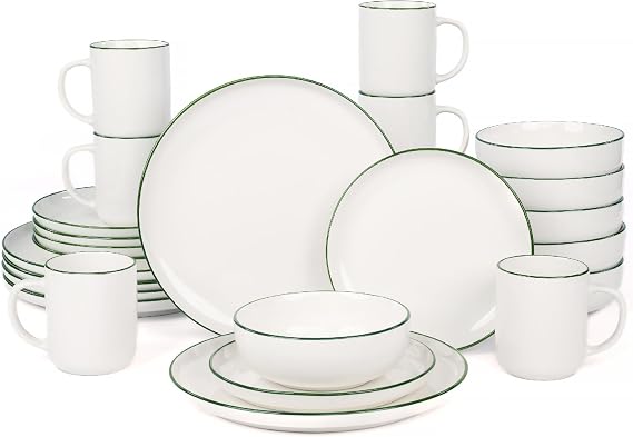 OTAGO 24-Piece Porcelain Dinnerware Set for 6 with Mugs, White Stoneware Plates and Bowls Sets, Ceramic Dish Set for Kitchen, Dinner & Dining, Green Rim, Microwave & Dishwasher Safe
