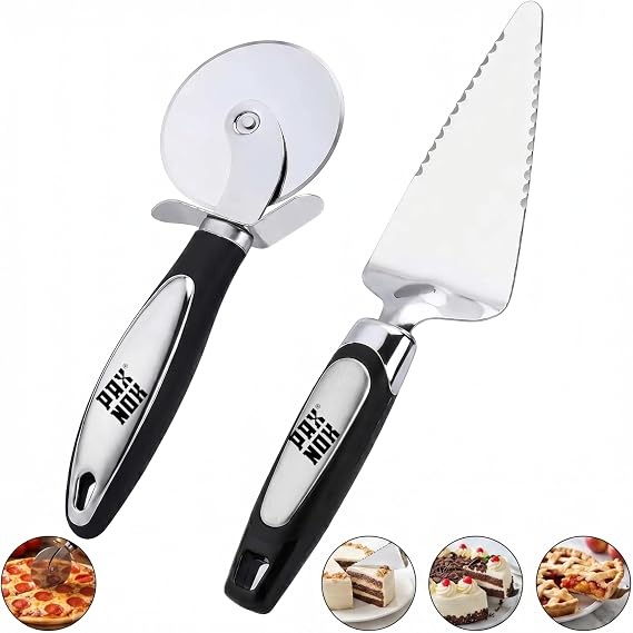 Pizza Cutter and Pie Server Set – Stainless Steel Pizza Wheel Cutter & Serrated Cake Pie Server – Ergonomic Non-Slip Handles, Sharp Blade, Dishwasher Safe Kitchen Tools