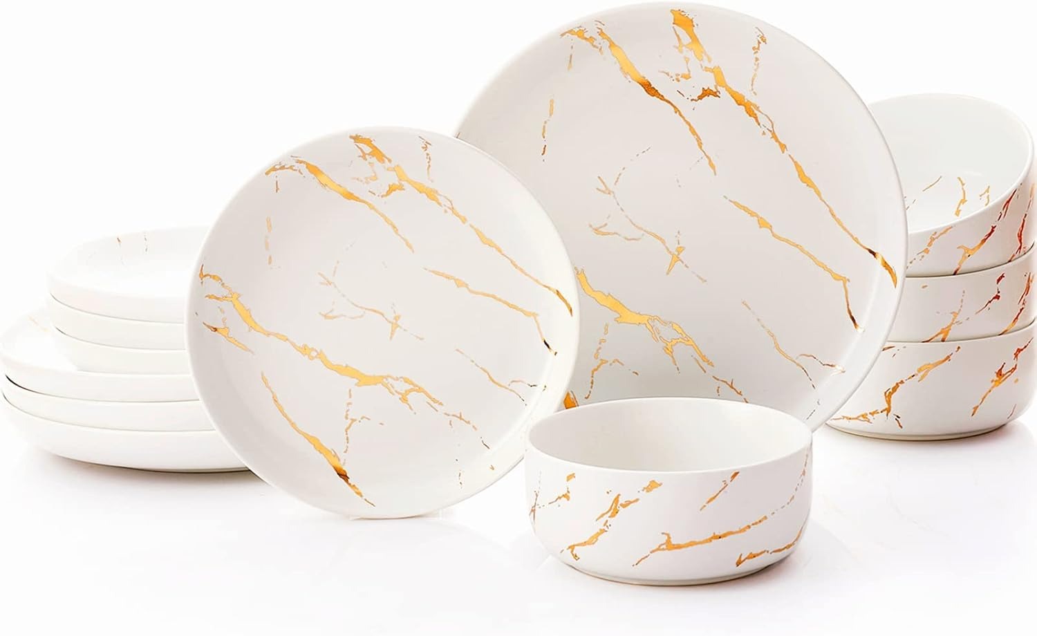 Pokini White Gold Splash Dinnerware Sets, 12 Pieces Fine China Marble Plates and Bowls Sets, Modern Porcelain Dish Set for 4, Luxury Dinner Set for Formal Dinners and Weddings