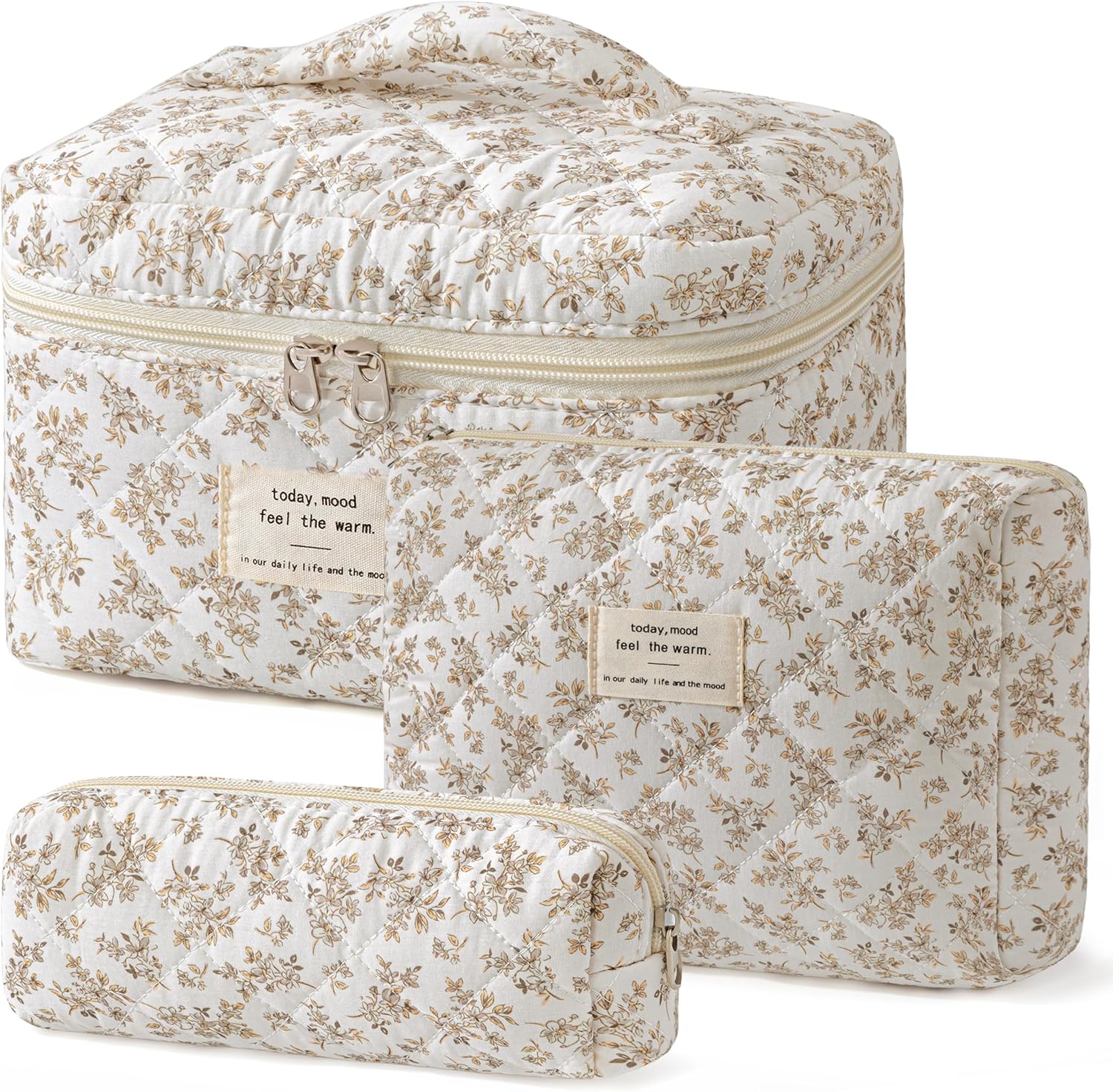 HBselect Quilted Makeup Bag, 3PCS Cotton Large Travel Makeup Bag, Cute Floral Coquette Make up Bag…