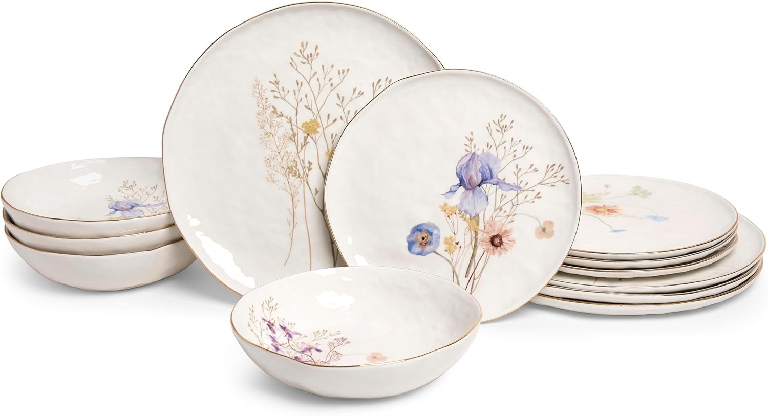 Sango 12-Piece Luxury Porcelain Dinnerware Set for 4- Glossy White Plates and Bowls Sets with Wildflower Patterns and Gold Rims, Ceramic Dish Set, Elegant Dishes for Everyday Dining, Gansevoort
