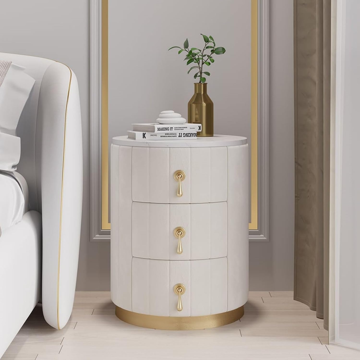 Scandinavian Round Nightstand with 3 Drawers