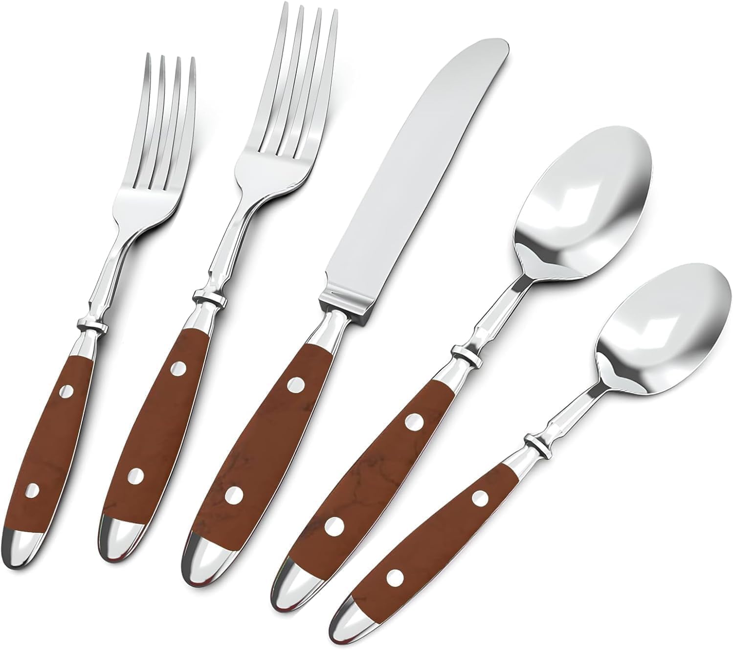 20-Piece Silverware Set Service for 4 with Two Rivets, Vintage Flatware Set, Stainless Steel Cutlery Set with Coffee-colored Bakelite Handle, Dishwasher Safe, Light Brown Color