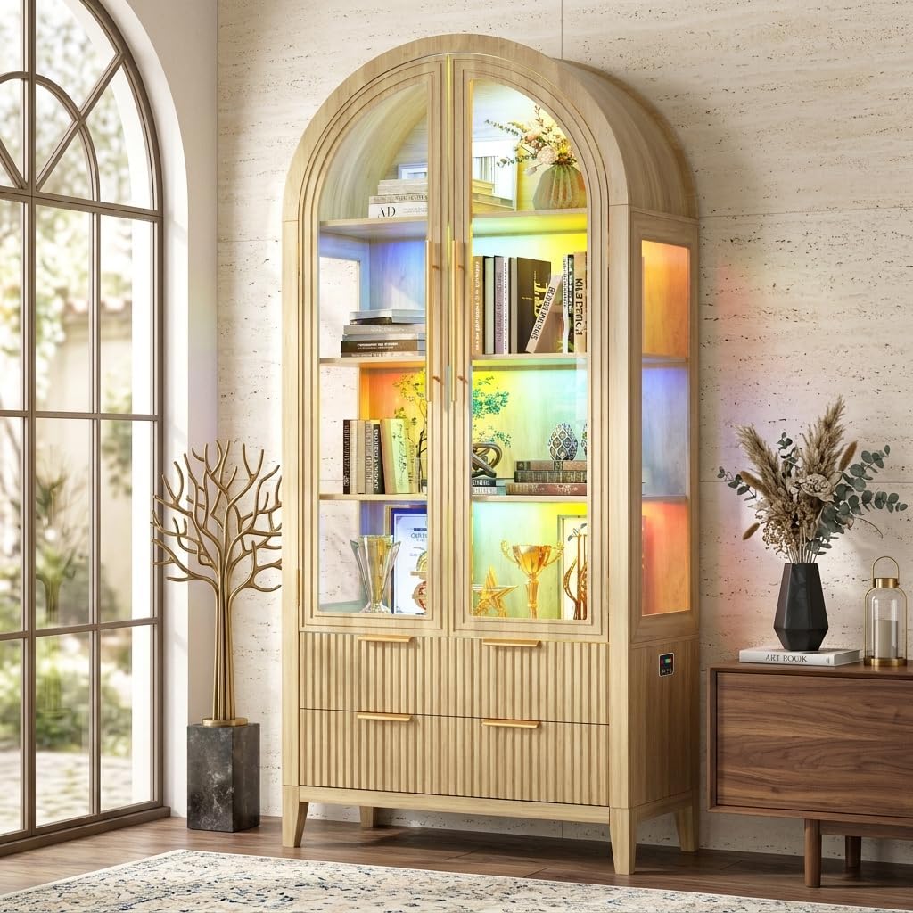 Vlsrka 71" Arched Curio Cabinet with Glass Doors, RGB Lights, 4 Shelves & 2 Drawers