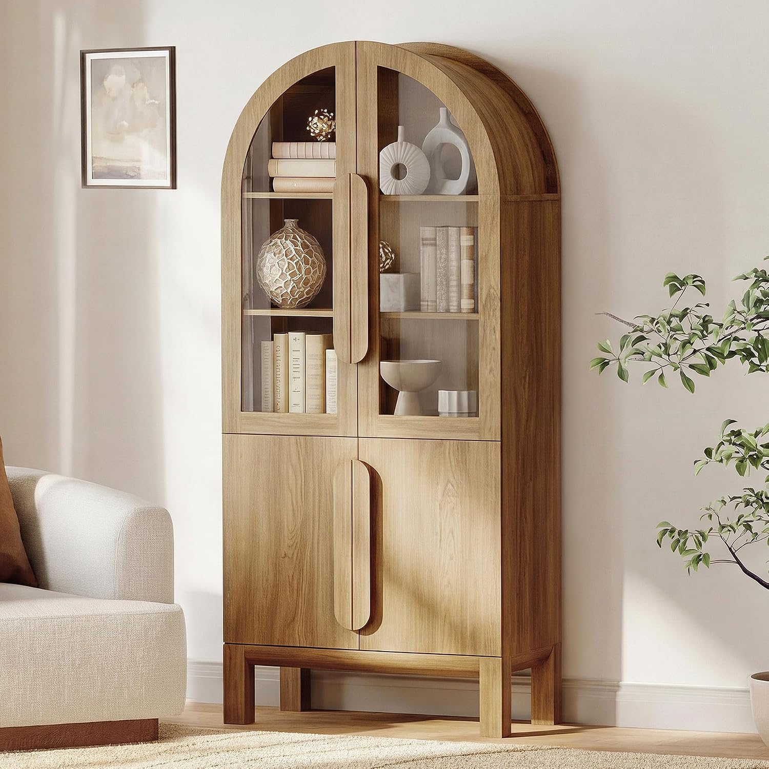 WAMPAT 71" Tall Arched Bookshelf, 5-Tier Cabinet with Glass Doors & Adjustable Shelves (Walnut)