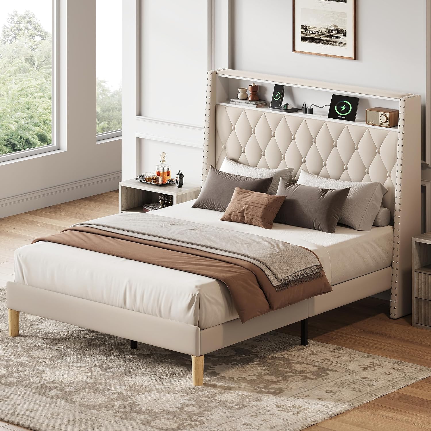 WLIVE Upholstered Queen Bed Frame with Tufted Wingback Headboard, Platform Bed, No Box Spring Needed, Velvet Beige