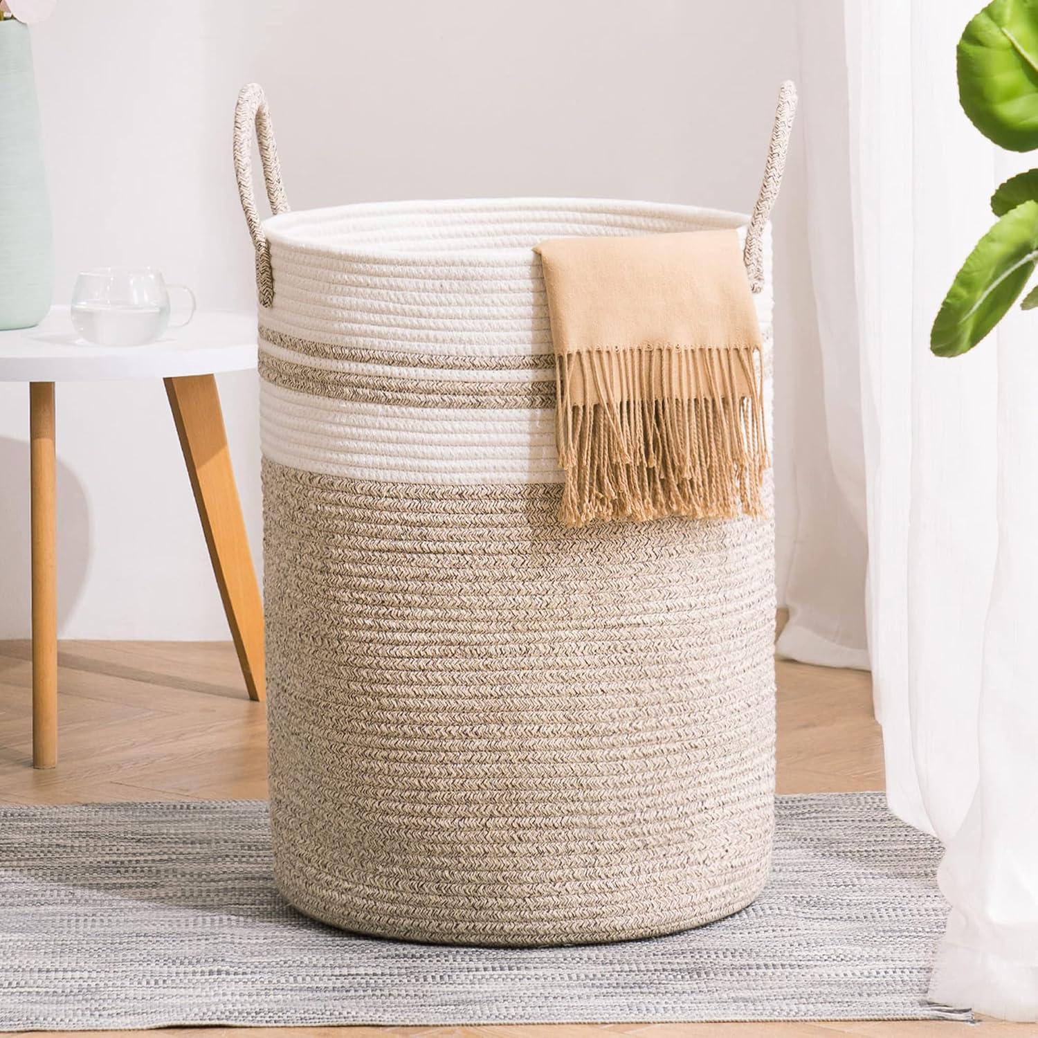 YOUDENOVA Woven Cotton Rope Laundry Hamper Basket, 58L, Brown