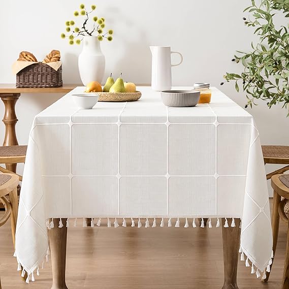 ZeeMart Grid Embroidered Square Tablecloths 52x52in, Tassel/Off-White | Heavy Weight Cotton Linen Table Cover, Farmhouse Style Tablecloths, Boho Plaid Water Resistant Table Cloth, Home Table Decor
